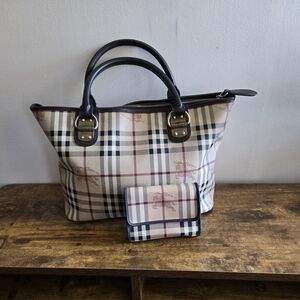 Burberry Beige Check Tote with Black Trim